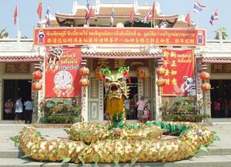 Pattaya denizens welcomed in the Year of the Rabbit last weekend with parades, lion and dragon dances, prayers, fireworks and a grand party. The eclectic mix of the city and surrounding environs showed in the many different ways Chinese New Year was celebrated this year, including this dragon guarding the entrance to the Sawang Boriboon Foundation in Naklua.